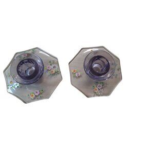 Clear Glass Candle Holders Floral Octagon Lot of 2